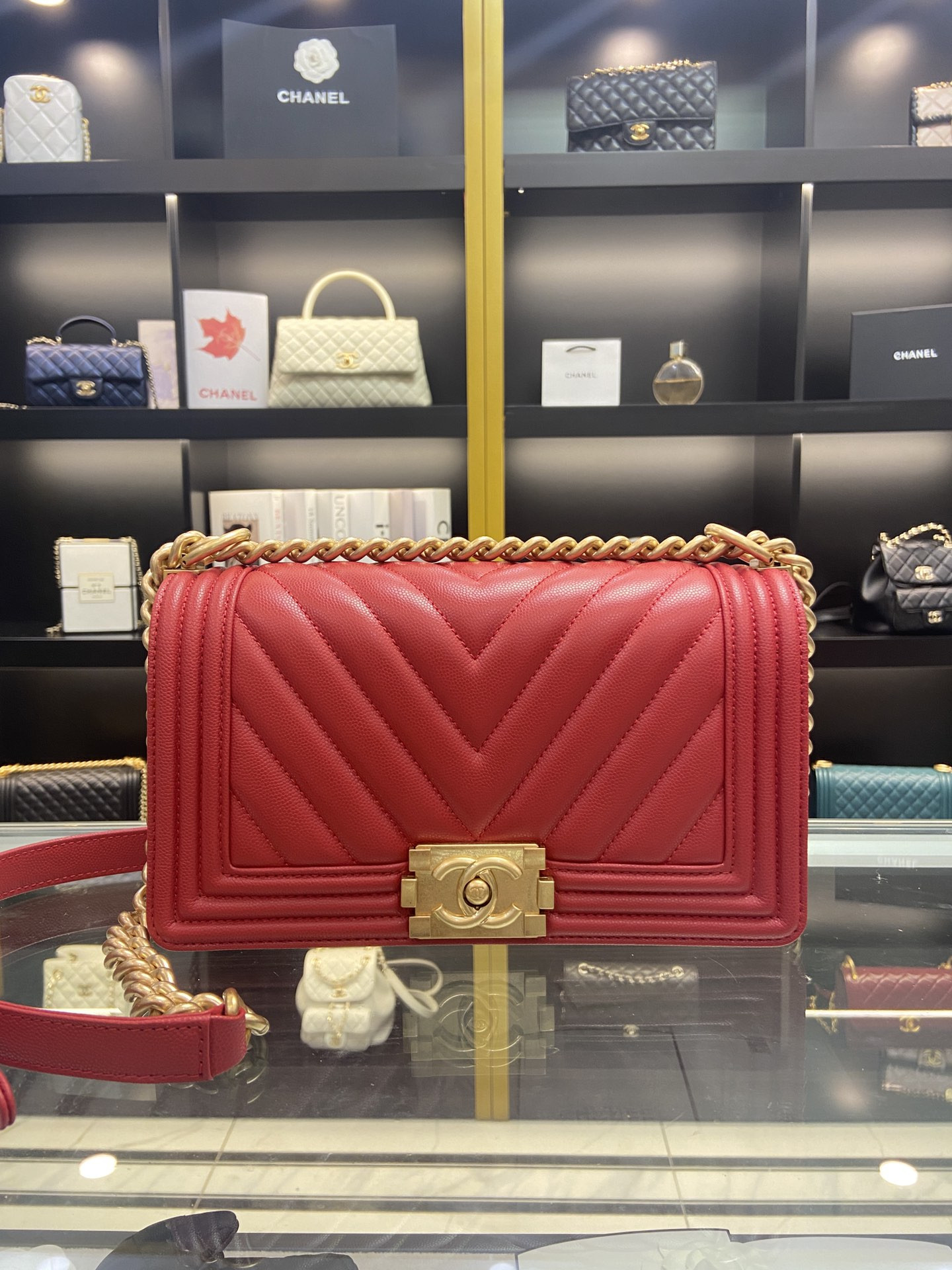 BOY Ch**el HANDBAG Shiny Red Grained Calfskin & Gold-Tone Metal 5.9 × 9.8 × 3.5 in