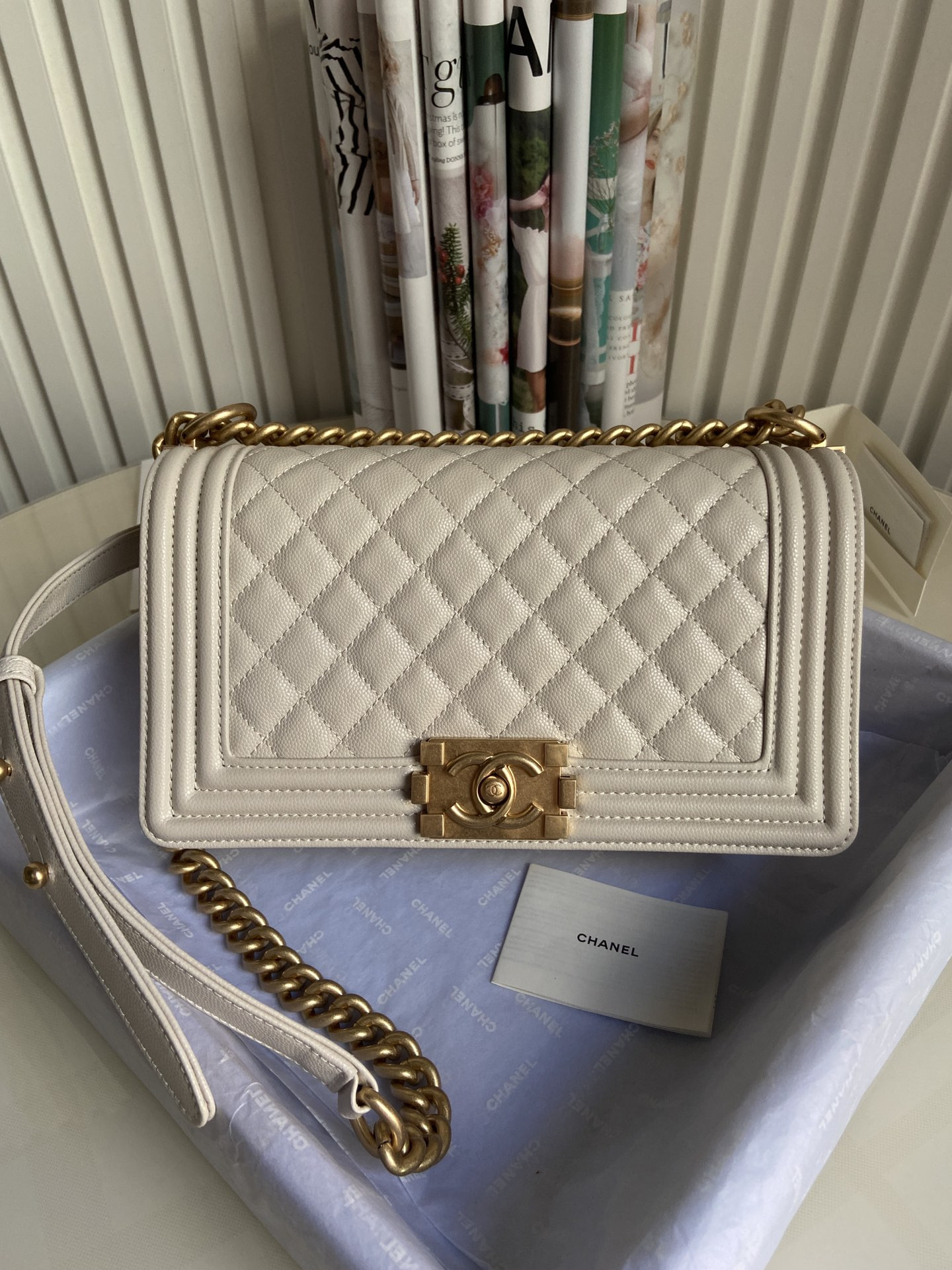 BOY Ch**el HANDBAG Shiny Grained Calfskin & Gold-Tone Metal Beige 5.9 × 9.8 × 3.5 in