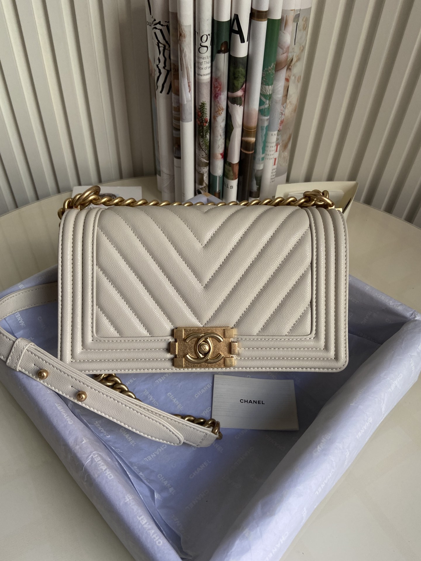 BOY Ch**el HANDBAG Shiny Grained Calfskin & Gold-Tone Metal Beige 5.9 × 9.8 × 3.5 in