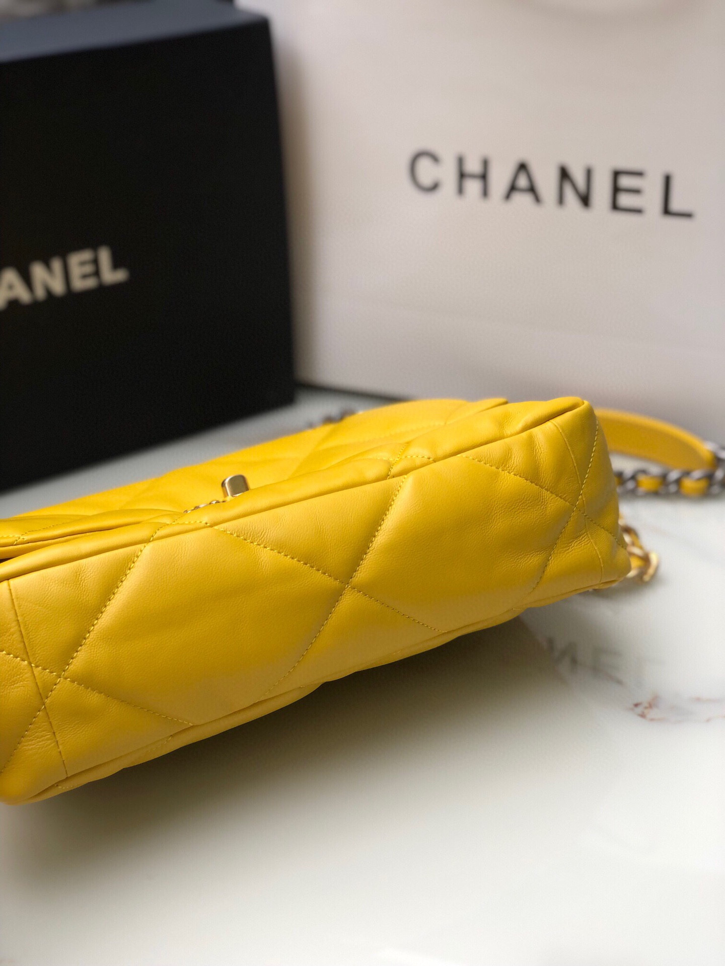 Ch**el 19 LARGE HANDBAG Shiny Leather, Gold-Tone, Silver-Tone & Ruthenium-Finish Metal Yellow 7.8 × 11.7 × 3.9 in