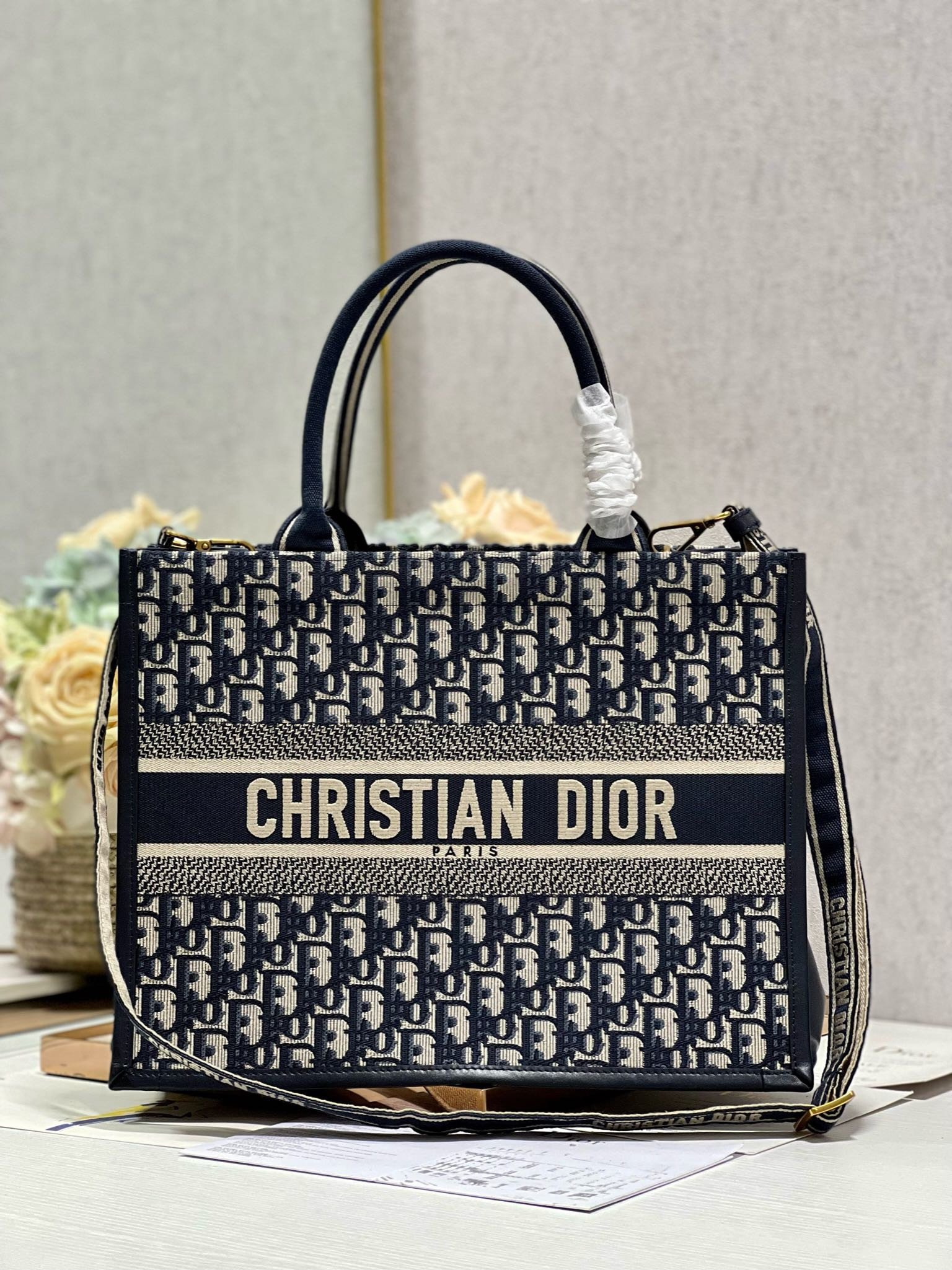 Medium D10r Book Tote Ecru and Blue D10r Oblique Embroidery 14 x 11 x 6.5 inches
