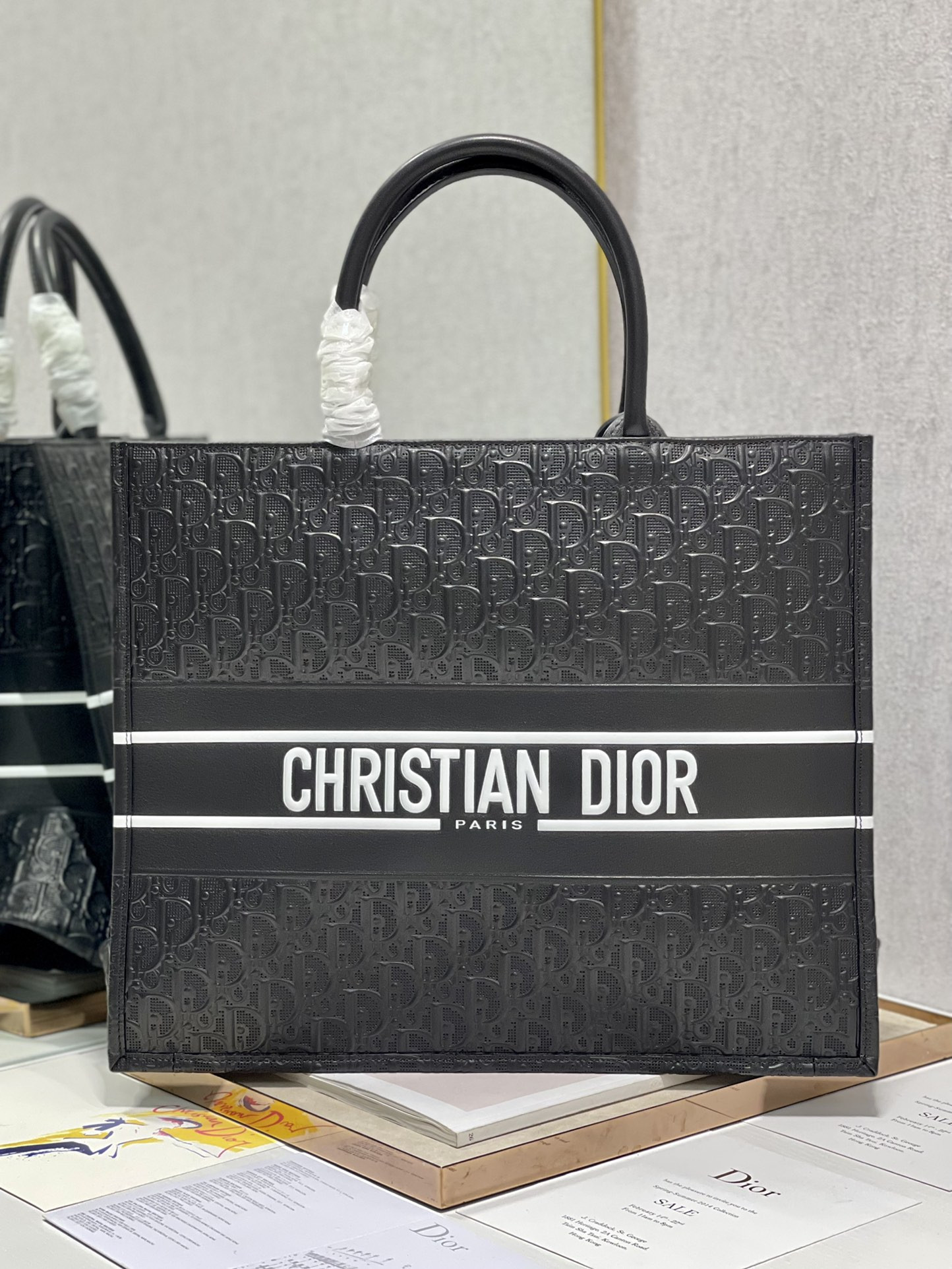 Large D10r Book Tote Black White D10r Oblique Embossed Calfskin 16.5 x 14 x 7.5 inches