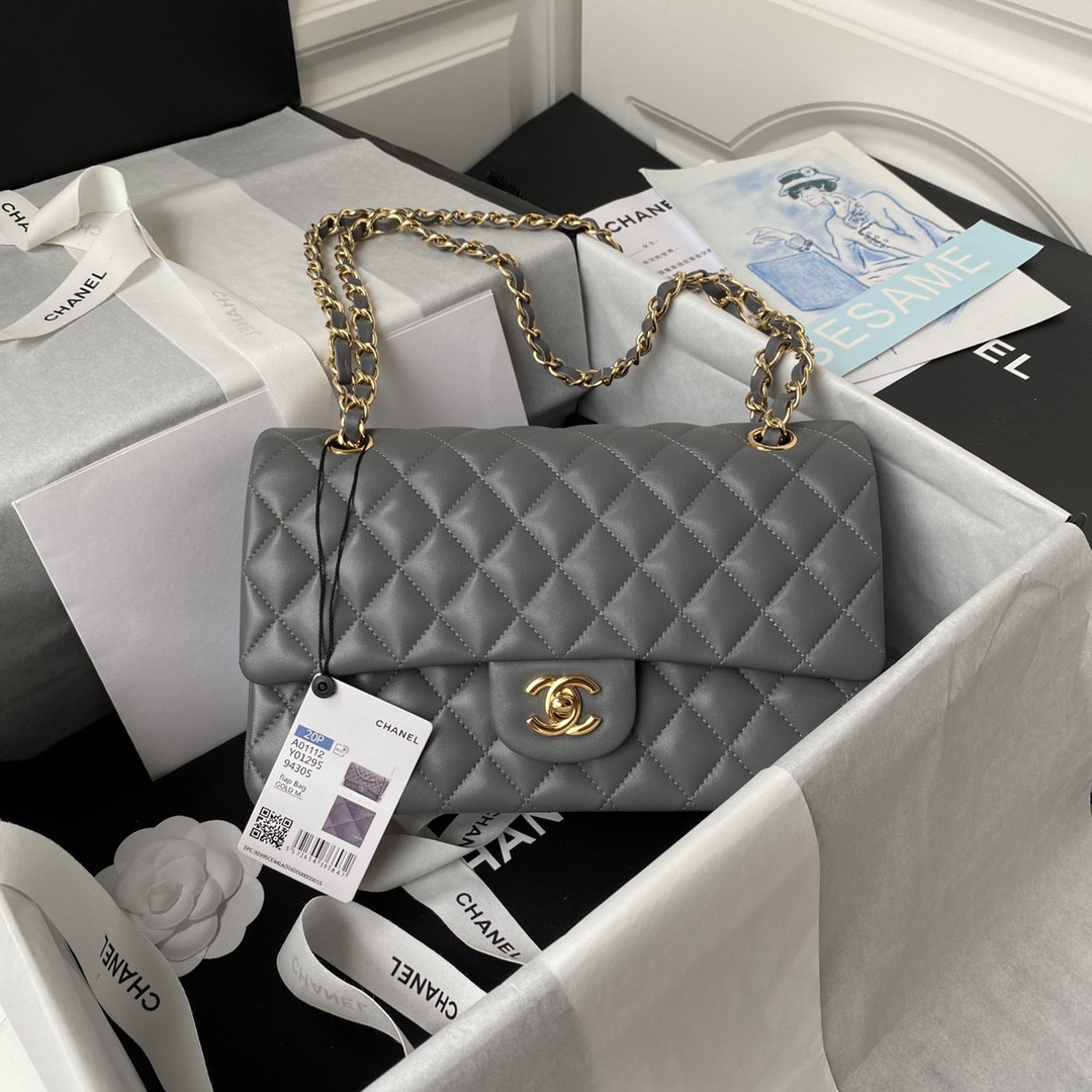 Ch**el CLASSIC HANDBAG GRAINED SHINY CALFSKIN & GOLD-TONE METAL GRAY 6 × 9.9 × 2.5 in