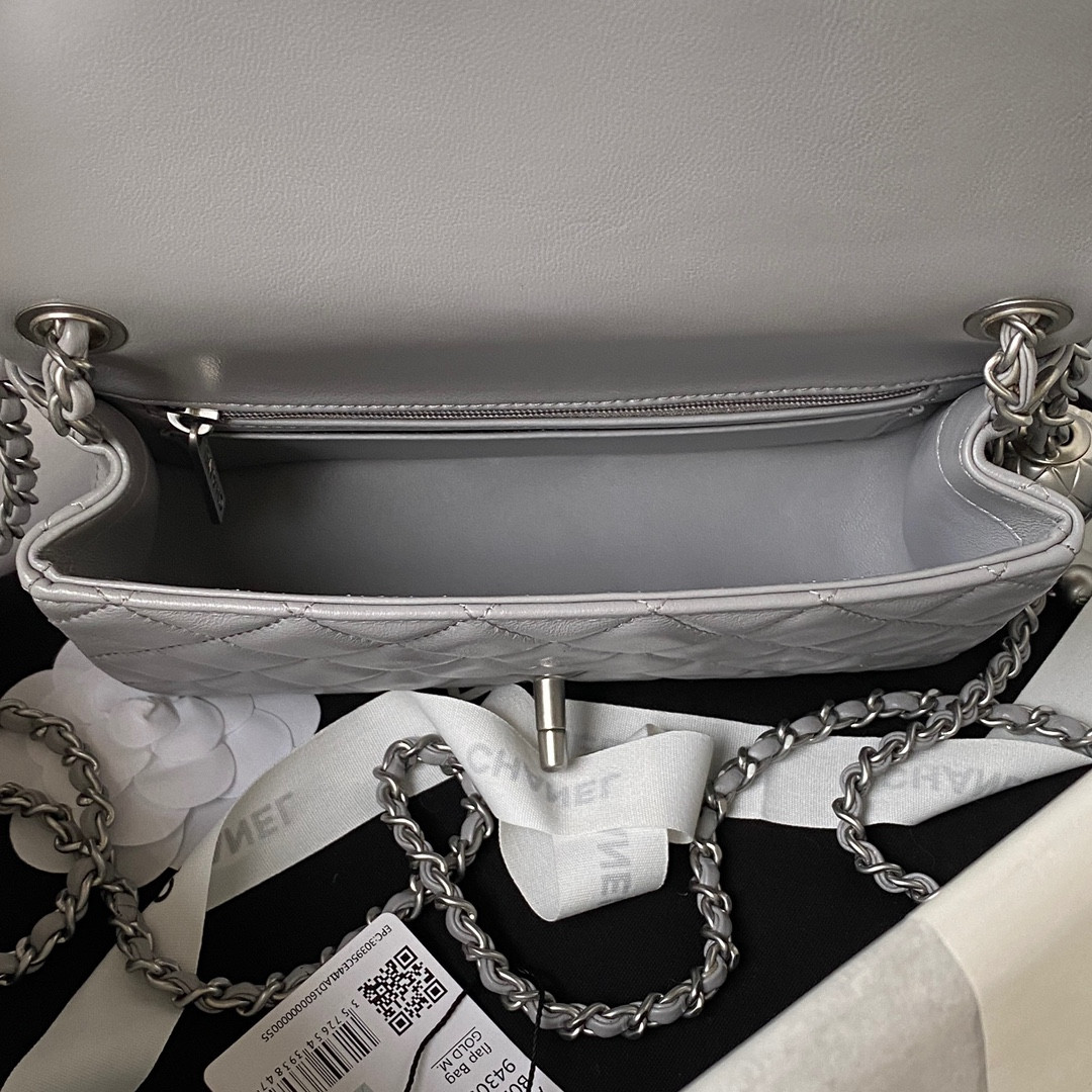 Ch**el MINI FLAP BAG SHINY CALFSKIN & SILVER-TONE METAL LIGHT GRAY 4.7 × 7.8 × 2.3 in
