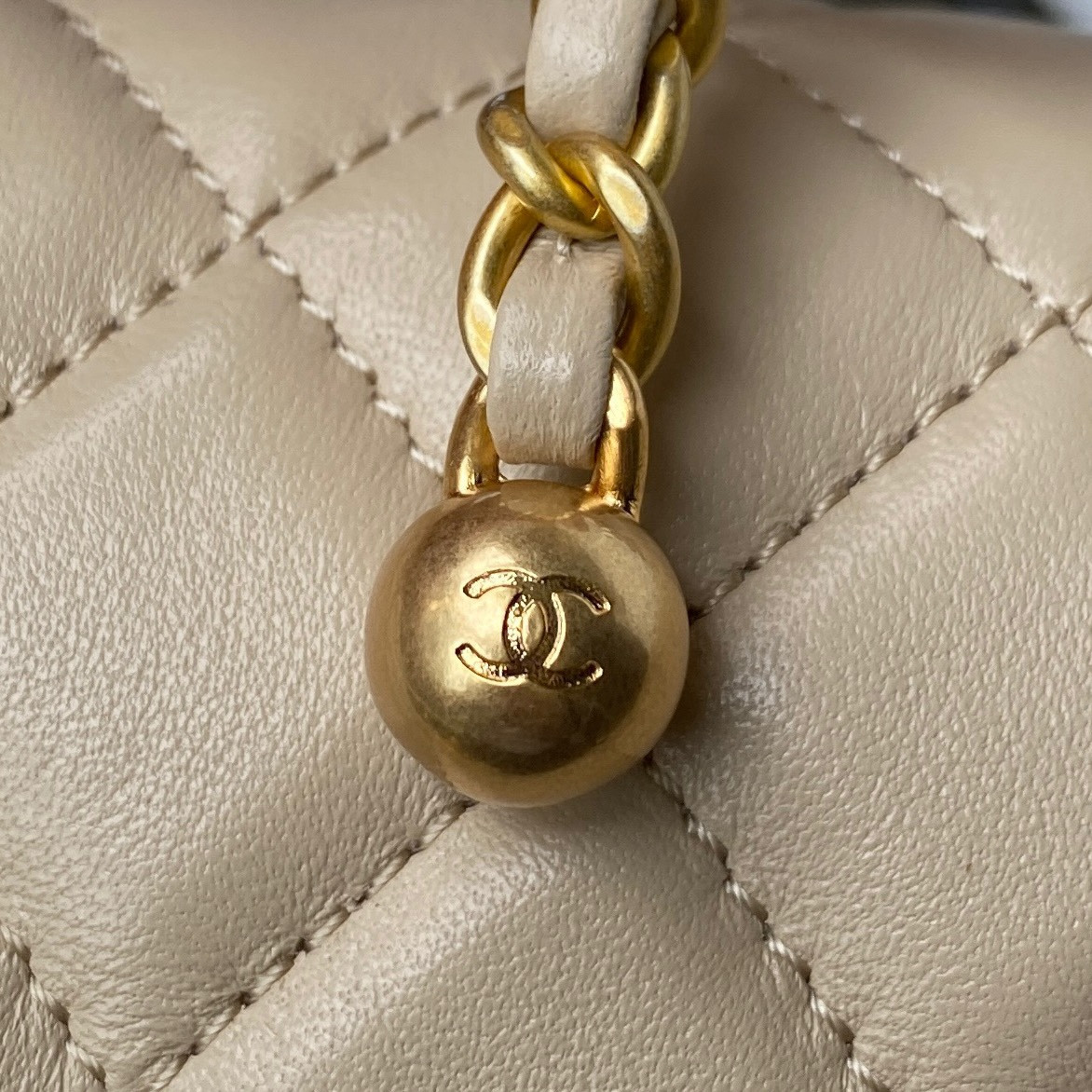 Ch**el MINI FLAP BAG SHINY CALFSKIN & Gold-Tone METAL Beige 5.3 × 6.6 × 3.1 in