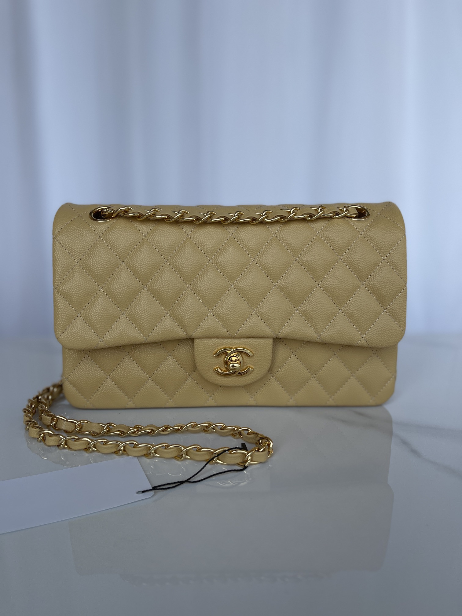 Ch**el CLASSIC HANDBAG GRAINED CALFSKIN & GOLD-TONE METAL YELLOW 6 × 9.9 × 2.5 in
