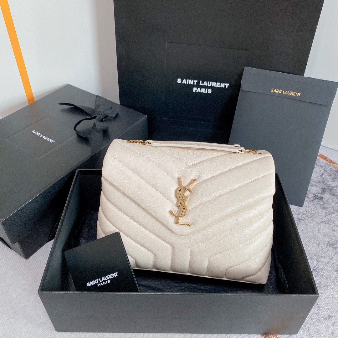 Y51 LOULOU SMALL IN QUILTED LEATHER WHITE GOLD 9 X 6.1 X 3.3 INCHES