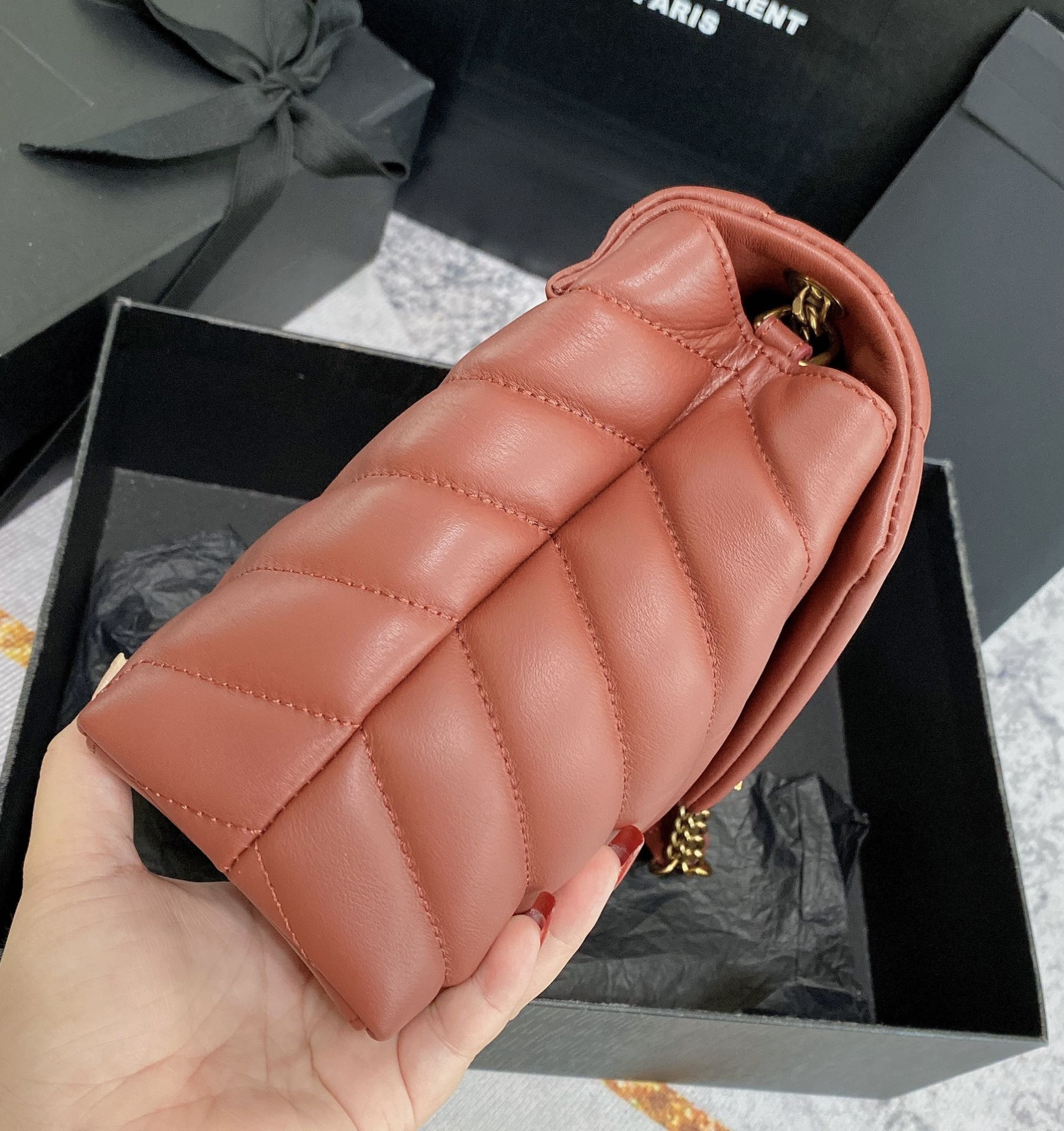 Y51 LOULOU SMALL IN QUILTED LEATHER RED GOLD 9 X 6.1 X 3.3 INCHES