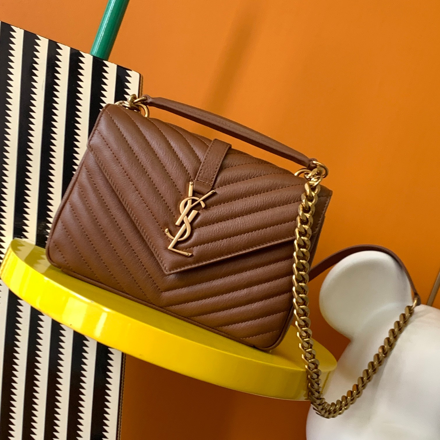 Y51 COLLEGE MEDIUM IN QUILTED LEATHER COFFEE 9.4 X 6.6 X 2.5 INCHES
