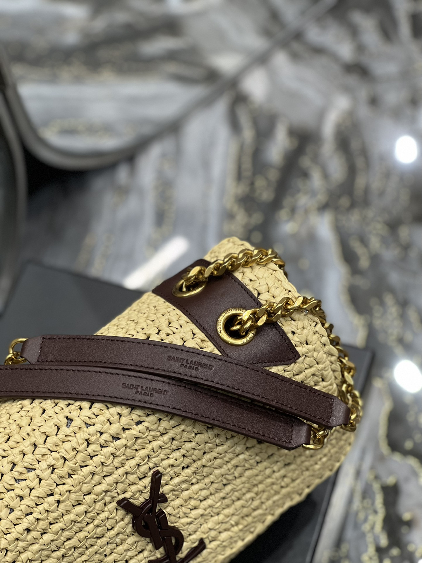 Y51 NIKI MEDIUM CHAIN BAG IN RAFFIA AND LEATHER BEIGE 11 X 7.8 X 3.3 INCHES