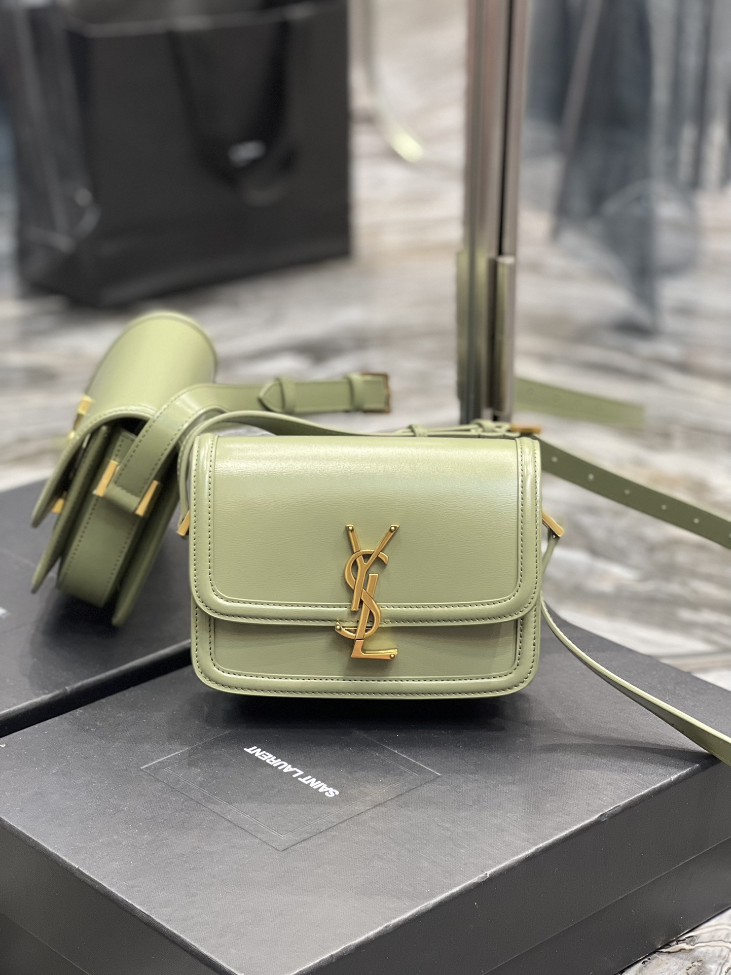 Y51 SOLFERINO SMALL SATCHEL IN BOX SAINT LIGHT GREEN 7.4 X 5.1 X 1.9 INCHES