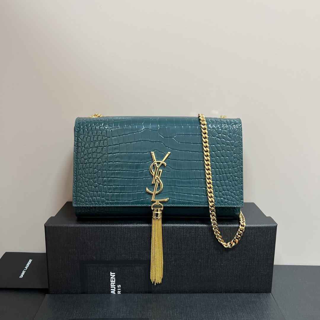 Y51 KATE MEDIUM TASSEL IN CROCODILE-EMBOSSED LEATHER BLUE 9.4 X 5.7 X 2.1 INCHES