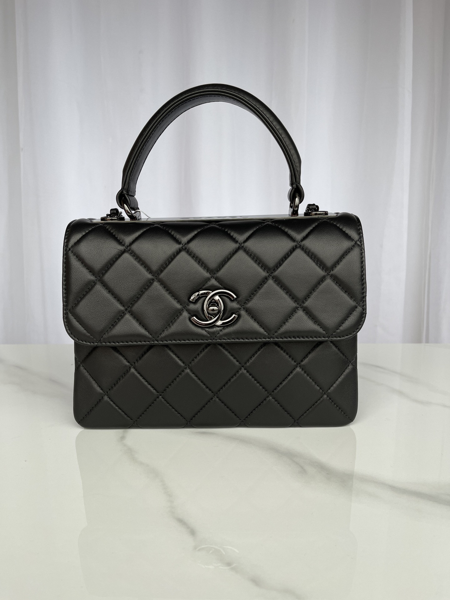 Ch**el FLAP BAG WITH TOP HANDLE BLACK 6.6 × 9.8 × 4.7 in
