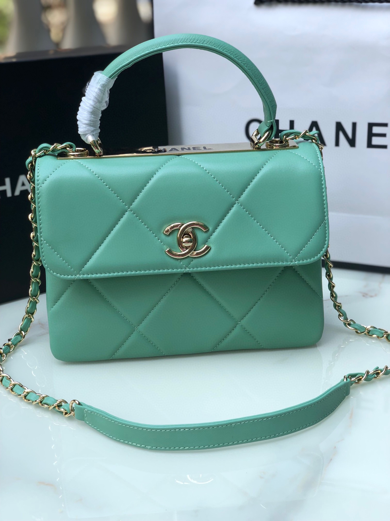 Ch**el FLAP BAG WITH TOP HANDLE BLUE 6.6 × 9.8 × 4.7 in