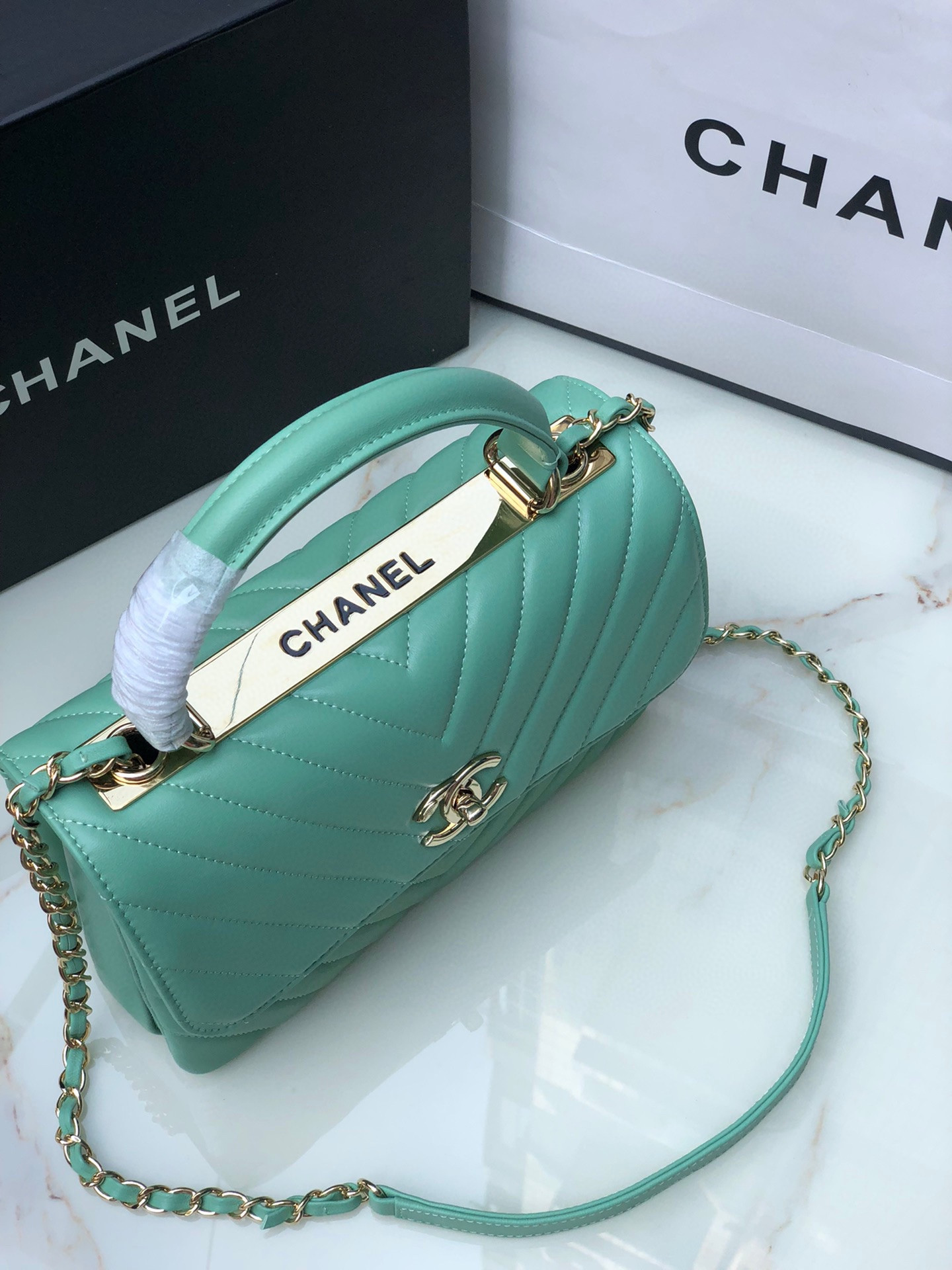 Ch**el FLAP BAG WITH TOP HANDLE BLUE SILVER 6.6 × 9.8 × 4.7 in