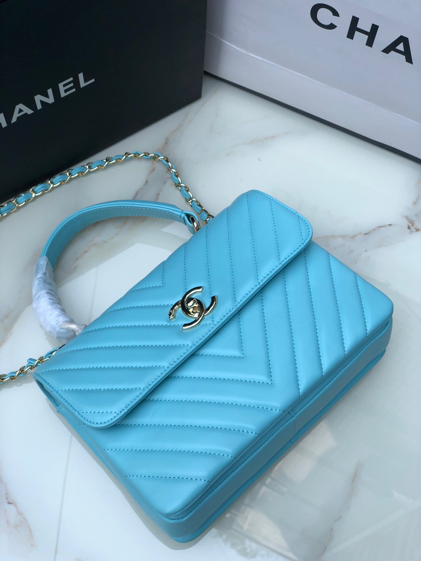 Ch**el FLAP BAG WITH TOP HANDLE 6.6 × 9.8 × 4.7 in