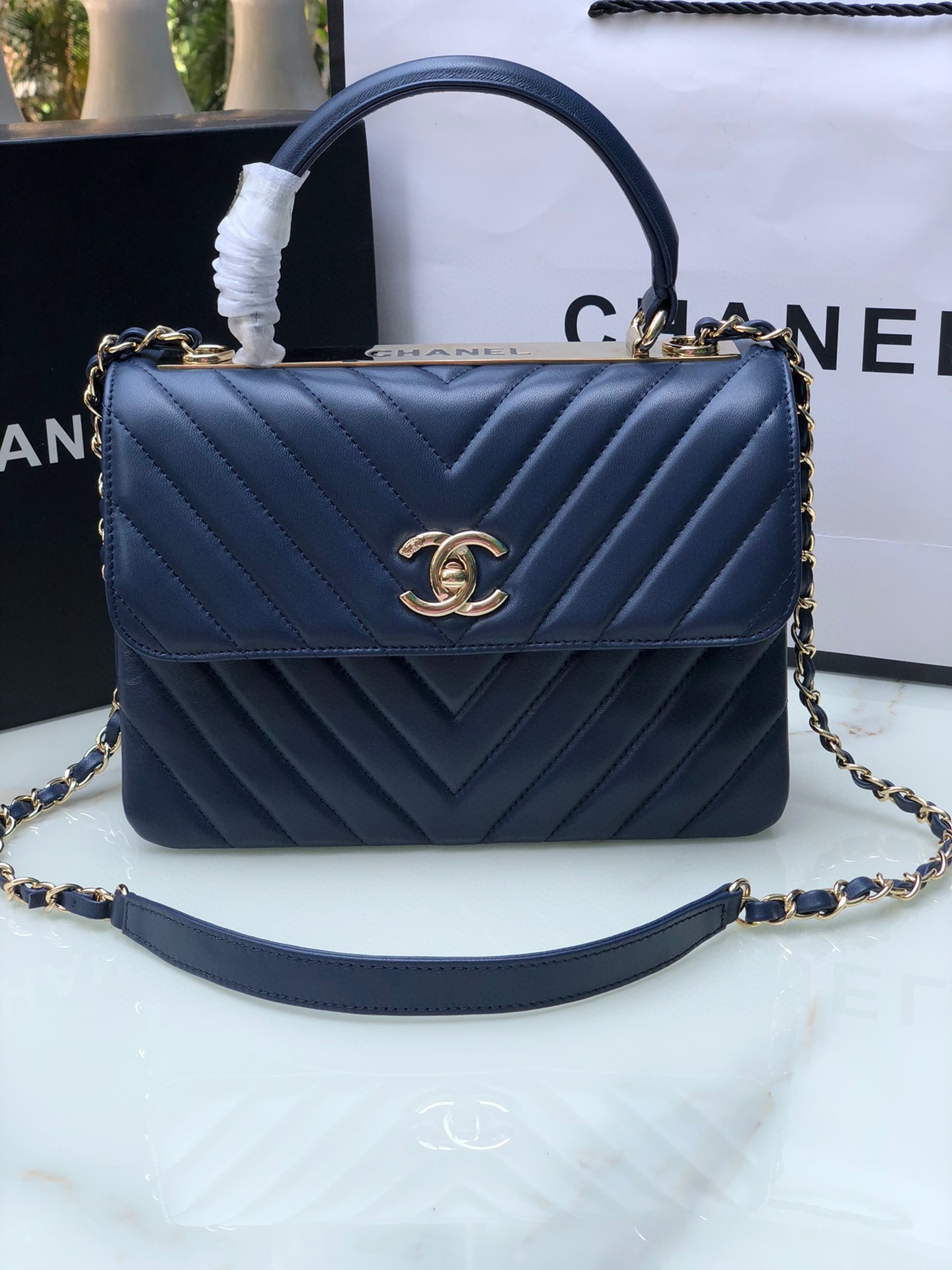 Ch**el FLAP BAG WITH TOP HANDLE NAVY 6.6 × 9.8 × 4.7 in