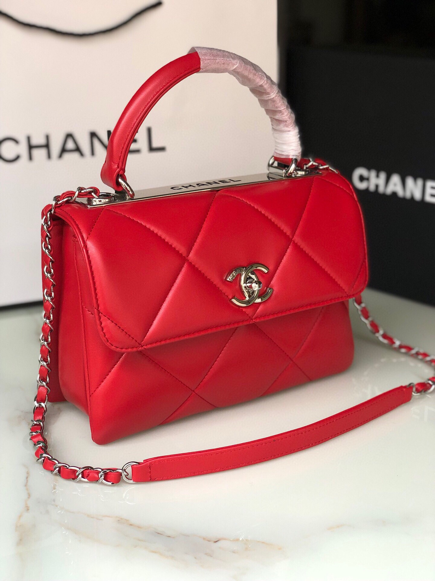Ch**el FLAP BAG WITH TOP HANDLE 6.6 × 9.8 × 4.7 in