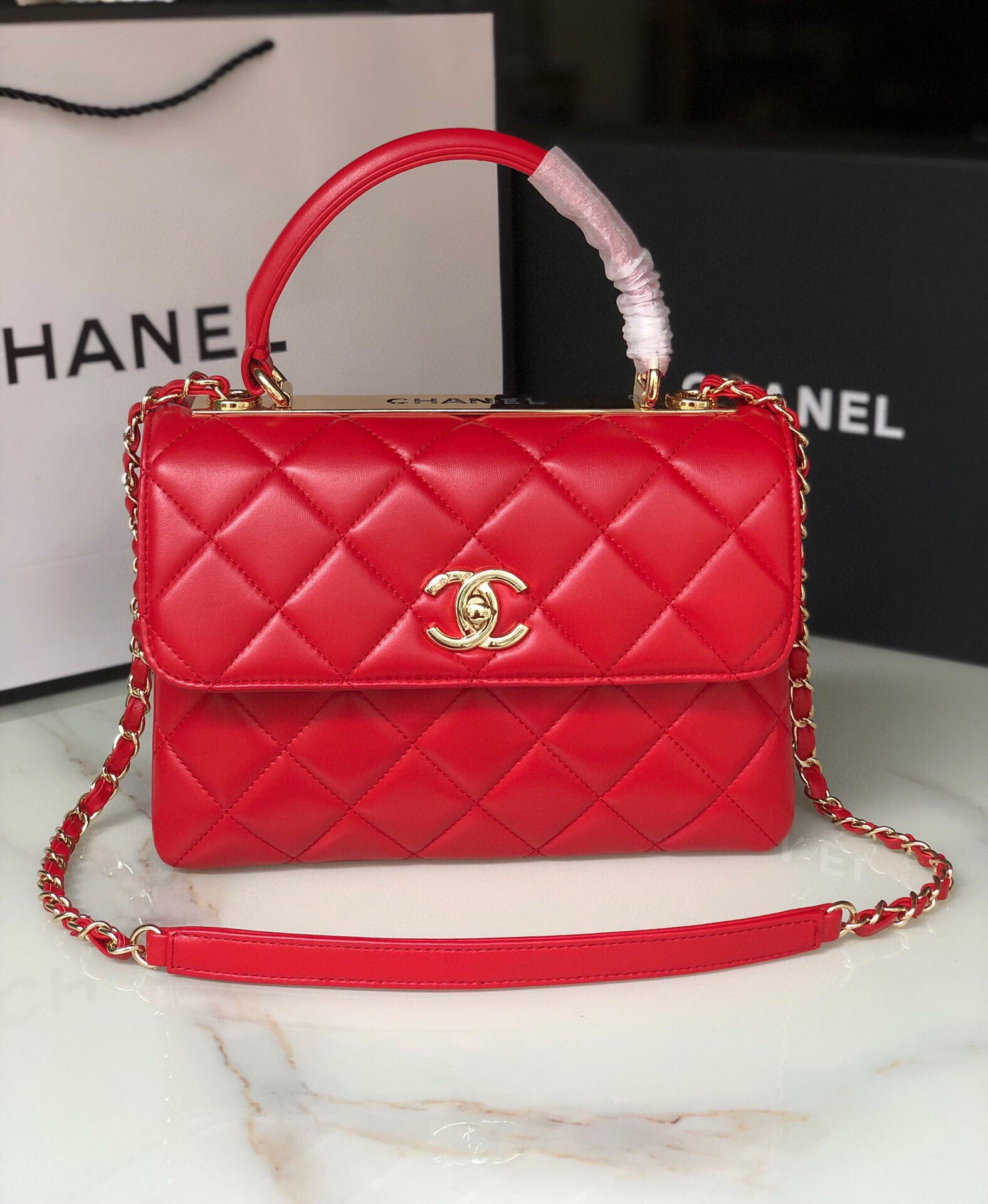 Ch**el FLAP BAG WITH TOP HANDLE 6.6 × 9.8 × 4.7 in