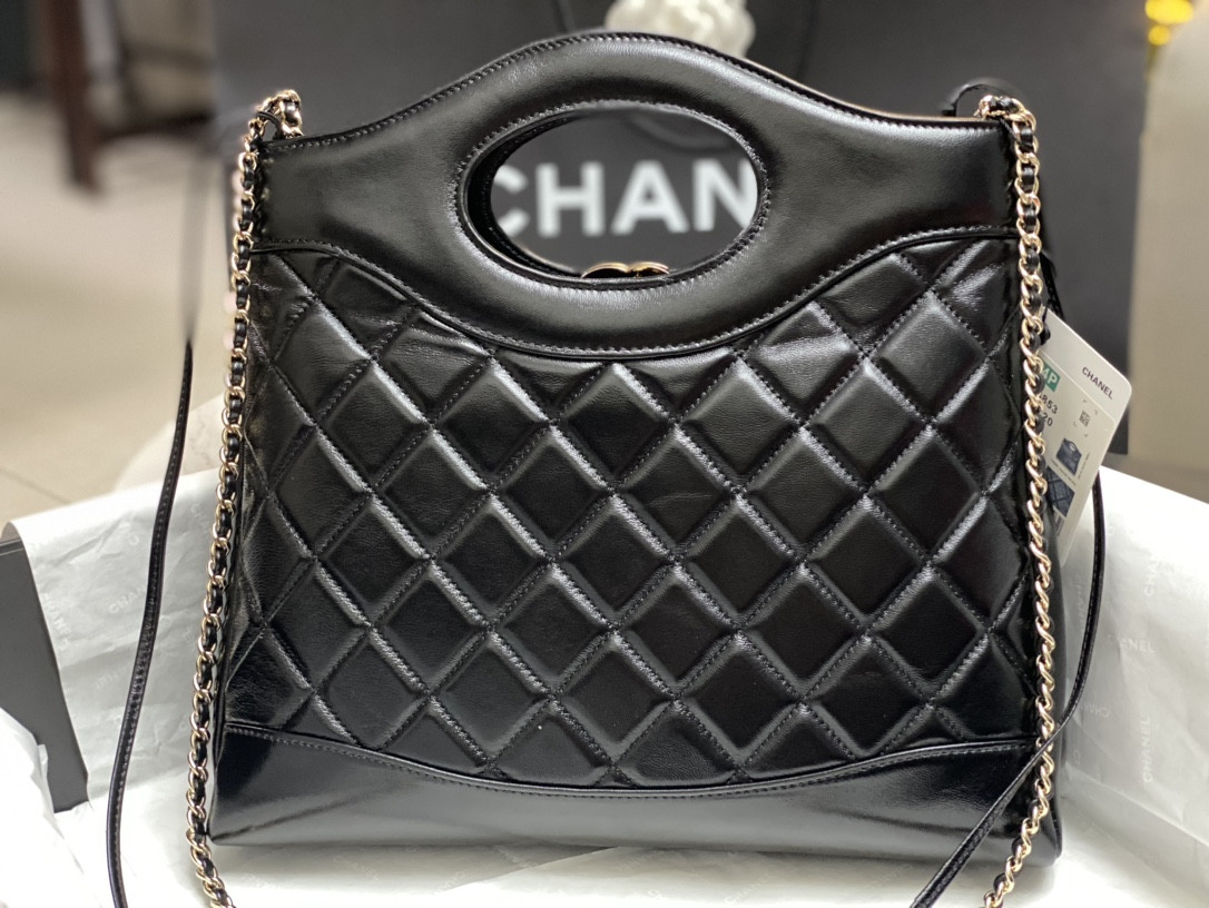 Ch**el SHOPPING BAG Shiny Lambskin & Gold-Tone Metal Black11.7 × 11.3 × 3.5 in