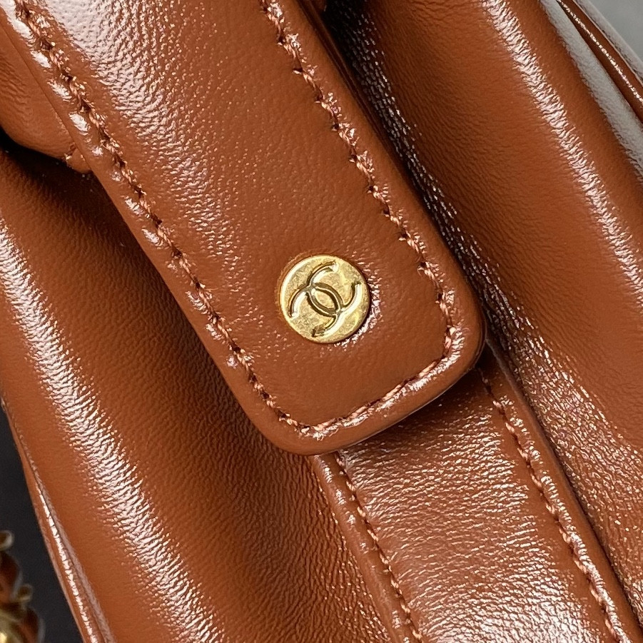Ch**el MINI BAG WITH TOP HANDLE Shiny Lambskin & Gold-Tone Metal Brown 12 × 18 × 7 cm