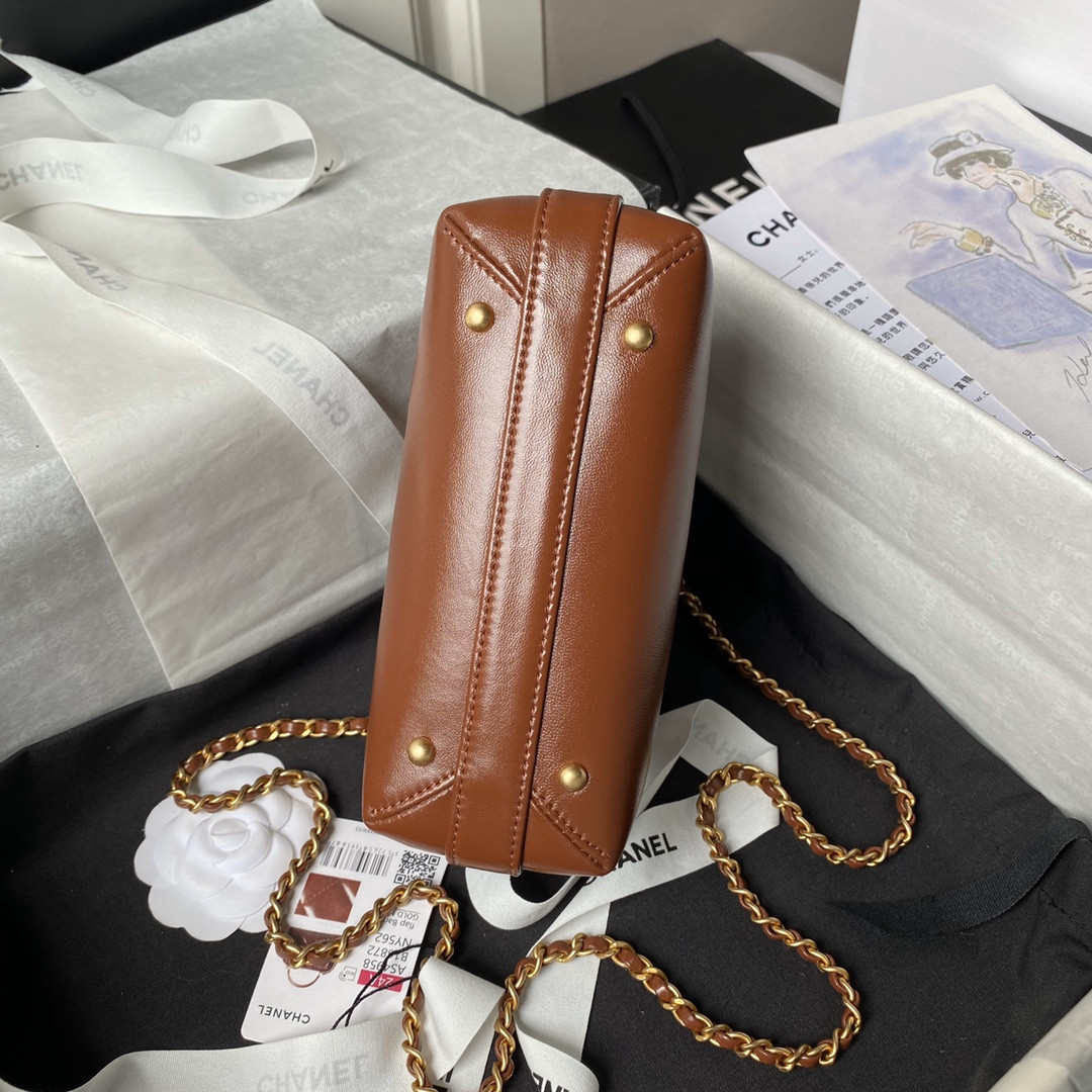 Ch**el MINI BAG WITH TOP HANDLE Shiny Lambskin & Gold-Tone Metal Brown 12 × 18 × 7 cm