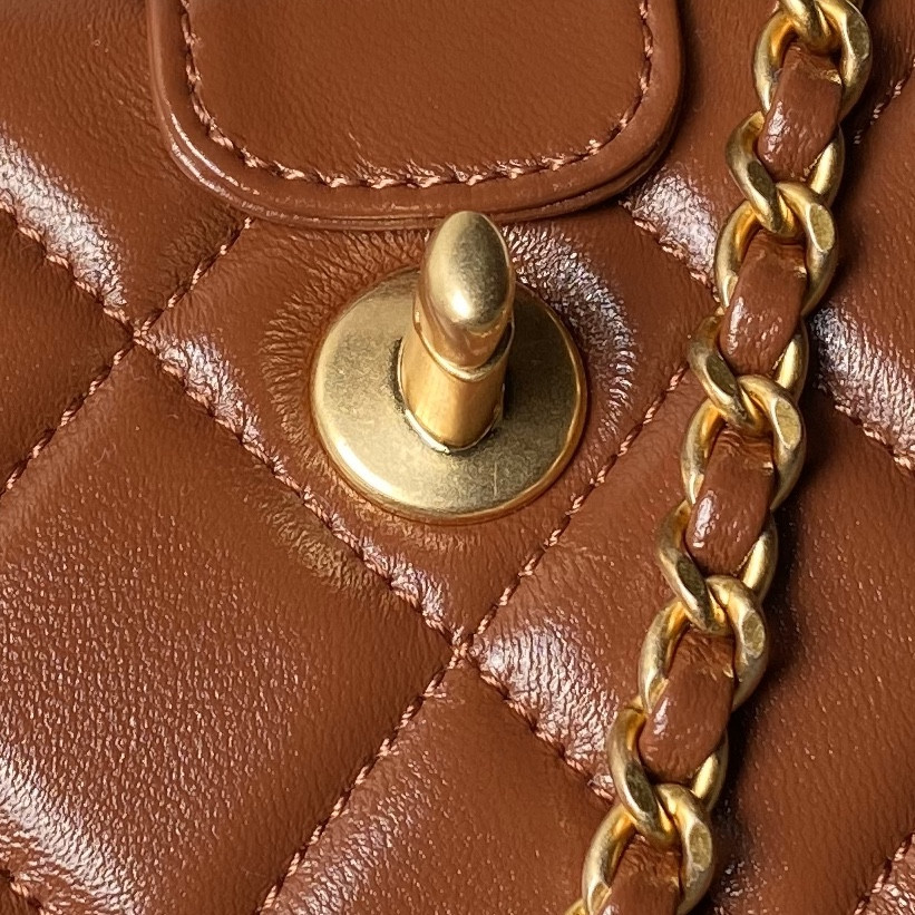 Ch**el MINI BAG WITH TOP HANDLE Shiny Lambskin & Gold-Tone Metal Brown 12 × 18 × 7 cm