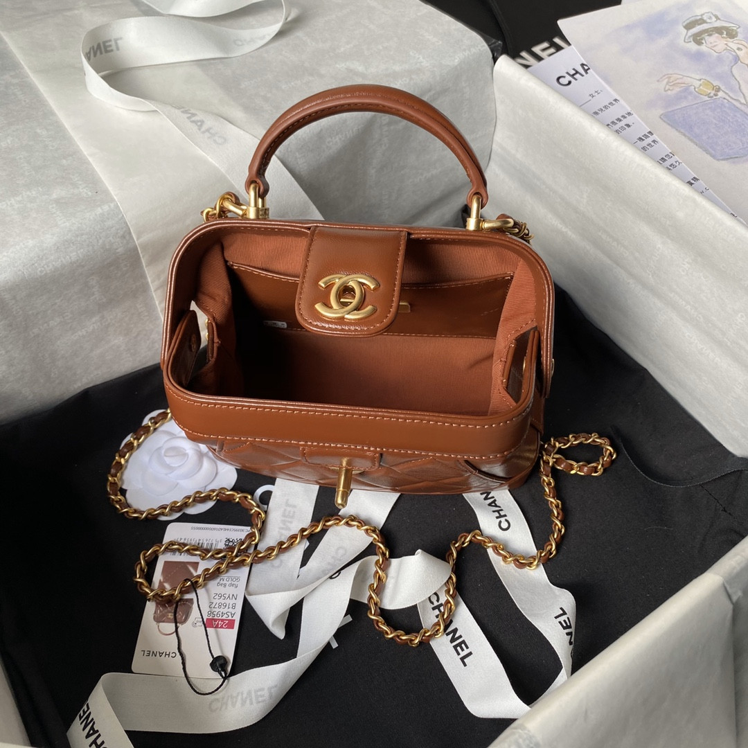 Ch**el MINI BAG WITH TOP HANDLE Shiny Lambskin & Gold-Tone Metal Brown 12 × 18 × 7 cm
