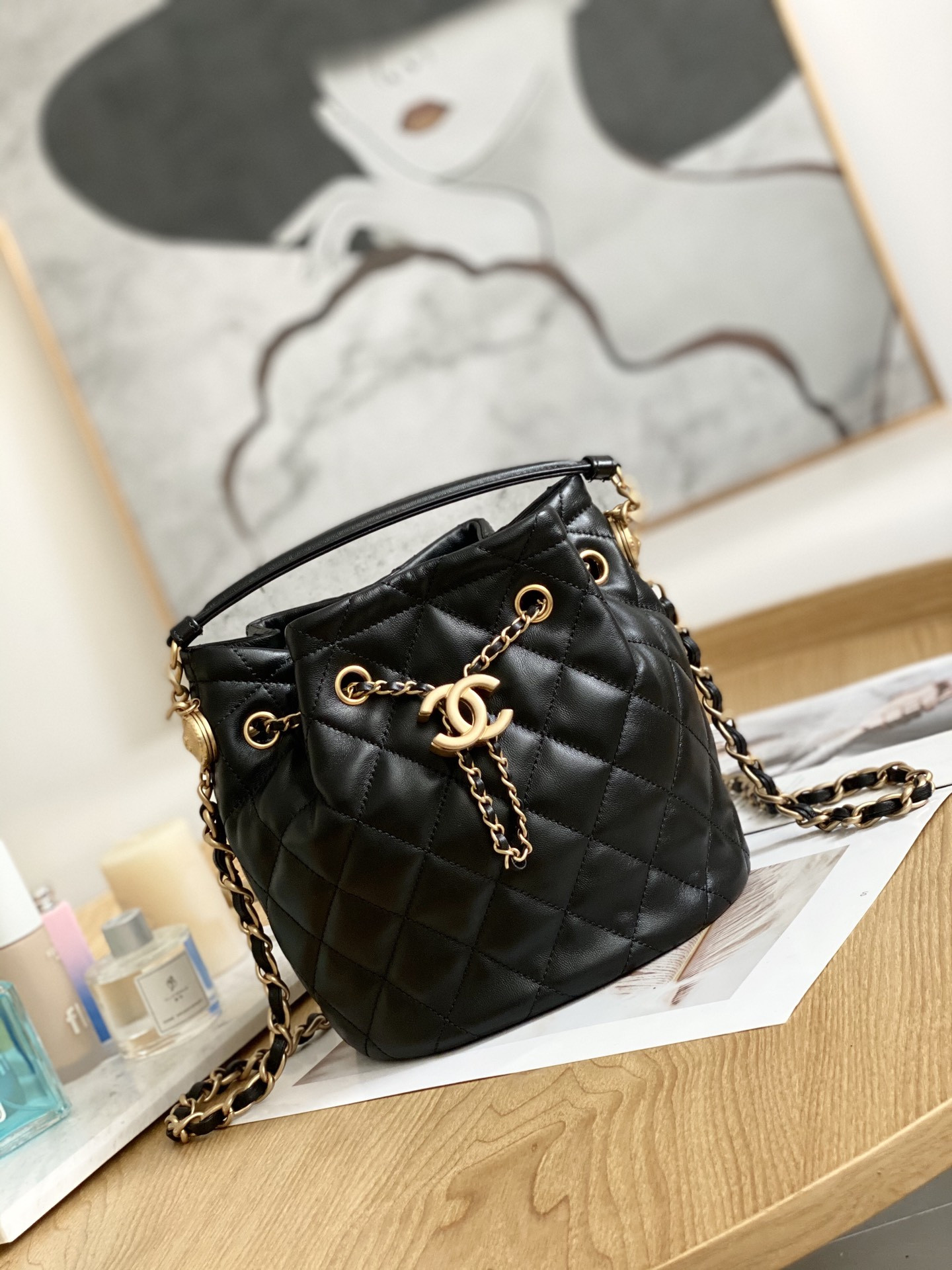 Ch**el Drawstring Button Bucket Bag 21x24x14cm